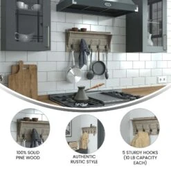 Merrick Lane Pine Wood 24 Inch Wall Mount Storage Rack With 5 Hanging Hooks And Upper Display Shelf -Home Decoration Series GUEST 025be7f4 6880 4025 a5b7 9daa6b445bdc