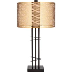 Possini Euro Design Deborah Modern Mid Century Table Lamp 30" Tall Black With USB Charging Port Gold Metal Double Drum Shades For Living Room Desk -Home Decoration Series GUEST 09d25b0f f17f 43b2 97c8 a4aad1682a8d
