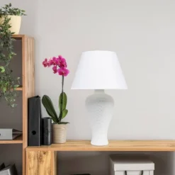 20.08" Traditional Ceramic Texture Imprint Winding Table Desk Lamp With Matching Fabric Shade White - Creekwood Home -Home Decoration Series GUEST 0ef1a338 3c97 4a9f 9c3f 0ee14a5b37b1