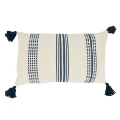 12"x20" Oversize Textured Striped Tassel Down Filled Lumbar Throw Pillow Navy Blue - Saro Lifestyle