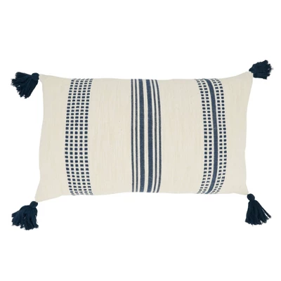 12"x20" Oversize Textured Striped Tassel Down Filled Lumbar Throw Pillow Navy Blue - Saro Lifestyle 3 12"x20" Oversize Textured Striped Tassel Down Filled Lumbar Throw Pillow Navy Blue - Saro Lifestyle