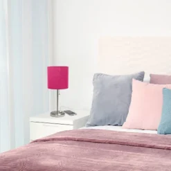 19.5" Bedside USB Port Feature Metal Table Desk Lamp Brushed Steel With Pink Fabric Shade - Creekwood Home -Home Decoration Series GUEST 1fa52e27 b906 498b 81bb 3d14bd8b7ba6