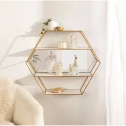 28" X 24" Lintz Hexagon Wall Mirror Shelves White/Gold - Kate & Laurel All Things Decor -Home Decoration Series GUEST 21da57e3 bce5 4e90 8bc4 c3f9ffc851dc