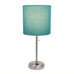 19.5" Bedside Power Outlet Base Metal Table Desk Lamp Brushed Steel With Fabric Shade Teal Blue - Creekwood Home -Home Decoration Series GUEST 2578805f 8526 4f61 b1e7 e08f7d62343f