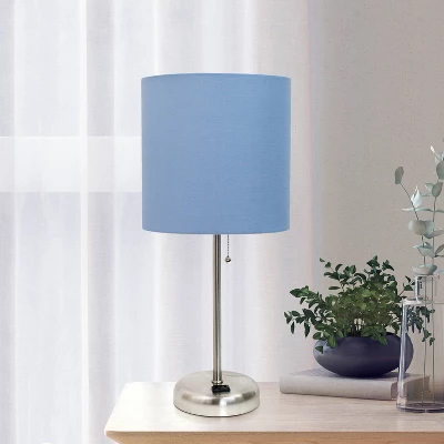 19.5" Bedside Power Outlet Base Metal Table Desk Lamp Brushed Steel With Fabric Shade Blue - Creekwood Home 9 19.5" Bedside Power Outlet Base Metal Table Desk Lamp Brushed Steel With Fabric Shade Blue - Creekwood Home - Image 7