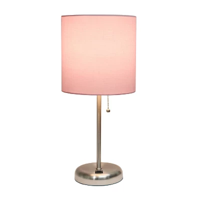 19.5" Bedside USB Port Feature Metal Table Desk Lamp Brushed Steel With Light Pink Fabric Shade - Creekwood Home 4 19.5" Bedside USB Port Feature Metal Table Desk Lamp Brushed Steel With Light Pink Fabric Shade - Creekwood Home - Image 2