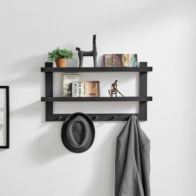 29" X 16" 2 Tier Ledge Wall Shelf Organizer With Five Hanging Hooks Black - Danya B. 3 29" X 16" 2 Tier Ledge Wall Shelf Organizer With Five Hanging Hooks Black - Danya B.