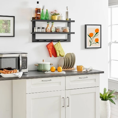 29" X 16" 2 Tier Ledge Wall Shelf Organizer With Five Hanging Hooks Black - Danya B. 8 29" X 16" 2 Tier Ledge Wall Shelf Organizer With Five Hanging Hooks Black - Danya B. - Image 6