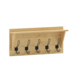 Merrick Lane Pine Wood 24 Inch Wall Mount Storage Rack With 5 Hanging Hooks And Upper Display Shelf -Home Decoration Series GUEST 475d0a06 1f5c 49a2 bdc2 977bd3911d26