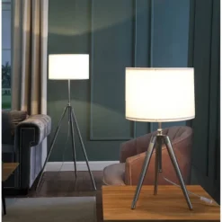 64" X 47" Mid-Century Adjustable Tripod Metal Floor Lamp Chrome/Silver - Ore International -Home Decoration Series GUEST 493798f7 d8e9 4cea 8619 2aa25c12b3f2