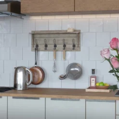 Merrick Lane Pine Wood 24 Inch Wall Mount Storage Rack With 5 Hanging Hooks And Upper Display Shelf -Home Decoration Series GUEST 54e12820 a822 403f b044 ccf1c2a10348