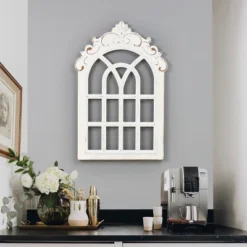 LuxenHome Distressed White Wood Vintage Arched Window Wall Home Decor
