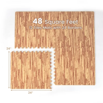 Costway 12 Tiles Wood Grain EVA Foam Floor Mats Interlocking W/Borders 24" Natural 4 Costway 12 Tiles Wood Grain EVA Foam Floor Mats Interlocking W/Borders 24" Natural - Image 2