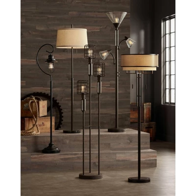Franklin Iron Works Alamo Industrial Rustic Floor Lamp 62" Tall Bronze Metal Sheer Organza Outer Linen Fabric Inner Double Drum Shade For Living Room 10 Franklin Iron Works Alamo Industrial Rustic Floor Lamp 62" Tall Bronze Metal Sheer Organza Outer Linen Fabric Inner Double Drum Shade For Living Room - Image 8