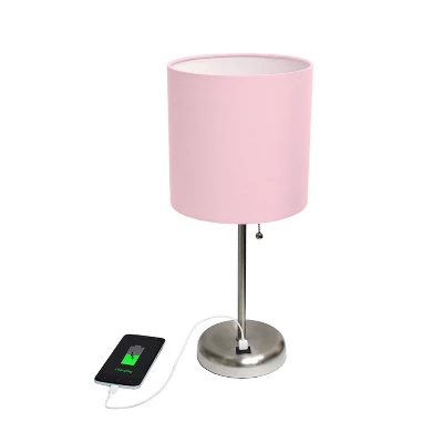 19.5" Bedside USB Port Feature Metal Table Desk Lamp Brushed Steel With Light Pink Fabric Shade - Creekwood Home 5 19.5" Bedside USB Port Feature Metal Table Desk Lamp Brushed Steel With Light Pink Fabric Shade - Creekwood Home - Image 3