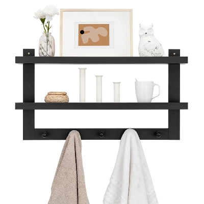 29" X 16" 2 Tier Ledge Wall Shelf Organizer With Five Hanging Hooks Black - Danya B. 11 29" X 16" 2 Tier Ledge Wall Shelf Organizer With Five Hanging Hooks Black - Danya B. - Image 9