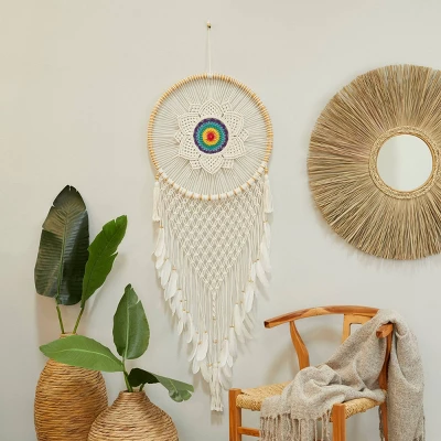 Cotton Macrame Handmade Intricately Woven Dreamcatcher Wall Decor With Beaded Fringe Tassels White - Olivia & May 10 Cotton Macrame Handmade Intricately Woven Dreamcatcher Wall Decor With Beaded Fringe Tassels White - Olivia & May - Image 8