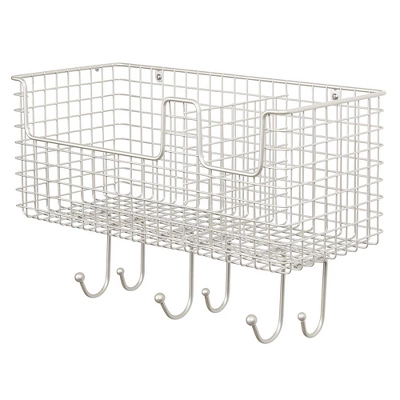 MDesign Metal Storage Organizer Basket With 6 Hooks - Wall Mount 7 MDesign Metal Storage Organizer Basket With 6 Hooks - Wall Mount - Image 5