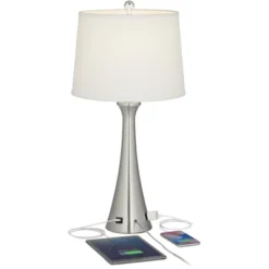 360 Lighting Karl Modern Table Lamps 27 1/2" Tall Set Of 2 Brushed Nickel With USB And Outlet White Drum Shade For Bedroom Living Room House Bedside -Home Decoration Series GUEST 8281a9c2 4f5f 4109 a6c7 35bf3c4f3222