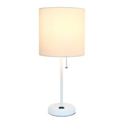 19.5" Bedside Power Outlet Base Metal Table Desk Lamp In White Fabric Shade - Creekwood Home