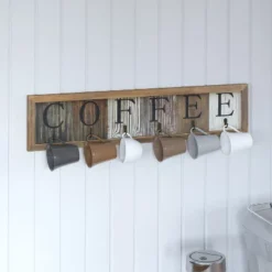 Merrick Lane Pheltz Wooden Wall Mount 6 Cup Distressed Wood Grain Printed COFFEE Mug Organizer With Metal Hanging Hooks, No Assembly Required -Home Decoration Series GUEST 859f7f01 c25f 4898 b176 c5f8740b1c9b