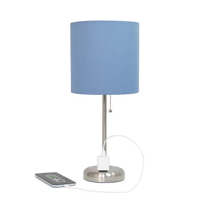 19.5" Bedside Power Outlet Base Metal Table Desk Lamp Brushed Steel With Fabric Shade Blue - Creekwood Home 4 19.5" Bedside Power Outlet Base Metal Table Desk Lamp Brushed Steel With Fabric Shade Blue - Creekwood Home - Image 2