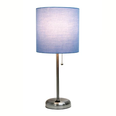 19.5" Bedside Power Outlet Base Metal Table Desk Lamp Brushed Steel With Fabric Shade Blue - Creekwood Home 3 19.5" Bedside Power Outlet Base Metal Table Desk Lamp Brushed Steel With Fabric Shade Blue - Creekwood Home