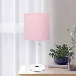 19.5" Bedside Power Outlet Base Metal Table Desk Lamp In White With Light Pink Fabric Shade - Creekwood Home -Home Decoration Series GUEST 95311803 1b91 4c67 81ca 55836b35ac3a