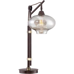 Franklin Iron Works Modern Industrial Desk Lamp 29" Tall With USB Charging Port Bronze Metal Cognac Glass Shade For Bedroom Living Room House Bedside -Home Decoration Series GUEST 9f24db8d 48cd 4ed1 a09d 56283f9d0550