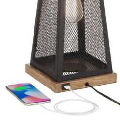 Franklin Iron Works Barris Industrial Table Lamp 26 3/4" High Metal Mesh With Nightlight LED USB Charging Port Burlap Shade For Living Room House Desk -Home Decoration Series GUEST a1f68d64 2329 42e1 b473 cce83e021488