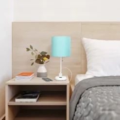 19.5" Bedside Power Outlet Base Metal Table Desk Lamp In White With Aqua Blue Fabric Shade - Creekwood Home -Home Decoration Series GUEST a5710162 aa86 41e0 88b7 204f955ab3a6
