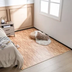 Costway 12 Tiles Wood Grain EVA Foam Floor Mats Interlocking W/Borders 24" Natural