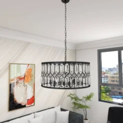 Metal Crystal Embellishments 6 Light Chandelier With Link Style Chain Black - Olivia & May -Home Decoration Series GUEST ad00b6b1 4cdf 453b 8093 7ebea9c41011