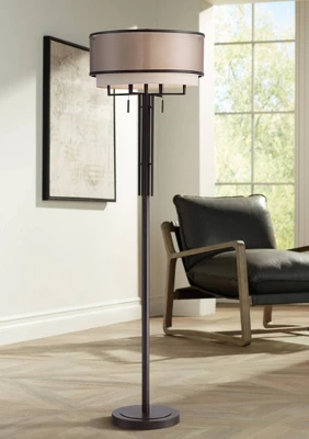 Franklin Iron Works Alamo Industrial Rustic Floor Lamp 62" Tall Bronze Metal Sheer Organza Outer Linen Fabric Inner Double Drum Shade For Living Room 3 Franklin Iron Works Alamo Industrial Rustic Floor Lamp 62" Tall Bronze Metal Sheer Organza Outer Linen Fabric Inner Double Drum Shade For Living Room