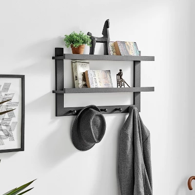 29" X 16" 2 Tier Ledge Wall Shelf Organizer With Five Hanging Hooks Black - Danya B. 4 29" X 16" 2 Tier Ledge Wall Shelf Organizer With Five Hanging Hooks Black - Danya B. - Image 2