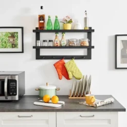 29" X 16" 2 Tier Ledge Wall Shelf Organizer With Five Hanging Hooks Black - Danya B. 20 29" X 16" 2 Tier Ledge Wall Shelf Organizer With Five Hanging Hooks Black - Danya B. -Home Decoration Series GUEST bf17a7c3 0fca 4935 88e4 cf9478f9858d