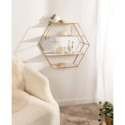 28" X 24" Lintz Hexagon Wall Mirror Shelves White/Gold - Kate & Laurel All Things Decor -Home Decoration Series GUEST c0609495 a439 4cfb b477 11b84b2c4b55