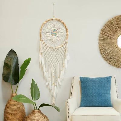 Cotton Macrame Handmade Intricately Woven Dreamcatcher Wall Decor With Beaded Fringe Tassels White - Olivia & May 6 Cotton Macrame Handmade Intricately Woven Dreamcatcher Wall Decor With Beaded Fringe Tassels White - Olivia & May - Image 4