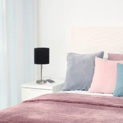 19.5" Bedside USB Port Feature Metal Table Desk Lamp Brushed Steel With Black Fabric Shade - Creekwood Home -Home Decoration Series GUEST c4f245f1 cc77 447b bf83 88392b512e50