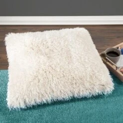 Fuzzy Oversized Throw Pillow - Shag Faux Fur Glam Decor - Plush Square Accent Or Floor Pillow For Bedroom, Living Room, Or Dorm By Lavish Home (Beige)