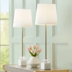 360 Lighting Phoebe Modern Buffet Table Lamps 28 1/2" Tall Set Of 2 Gold Metal White Drum Shade For Bedroom Living Room Bedside Nightstand Office Kids