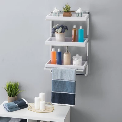 10.5" X 16" 3 Tier Wall Shelving Unit With Towel Rack And Trays Chrome/White - Danya B. 4 10.5" X 16" 3 Tier Wall Shelving Unit With Towel Rack And Trays Chrome/White - Danya B. - Image 2