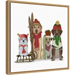 16" X 16" Christmas Dogs Winter Sports Fans By Fab Funky Framed Canvas Wall Art - Amanti Art