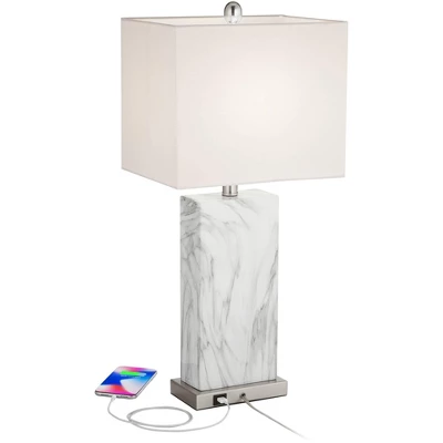 360 Lighting Connie Modern Table Lamps 25" High Set Of 2 White Faux Marble With USB Charging Ports Rectangular Shade For Living Room Office Desk House 4 360 Lighting Connie Modern Table Lamps 25" High Set Of 2 White Faux Marble With USB Charging Ports Rectangular Shade For Living Room Office Desk House - Image 2