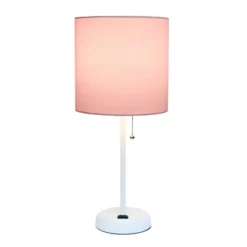 19.5" Bedside Power Outlet Base Metal Table Desk Lamp In White With Light Pink Fabric Shade - Creekwood Home -Home Decoration Series GUEST d8993af5 3d97 420a b2c7 16e81e29bd9f