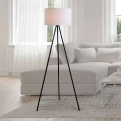 61.25" Metal Tripod Floor Lamp With Linen Shade Black/White - Cresswell Lighting -Home Decoration Series GUEST da9b1349 aa47 44be 9438 6fd03ab0a3f2