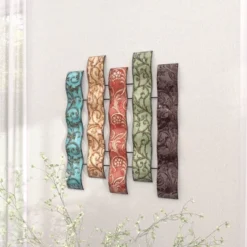 Metal Abstract 5 Wavy Panels Wall Decor With Embossed Details - Olivia & May