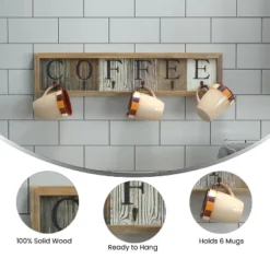 Merrick Lane Pheltz Wooden Wall Mount 6 Cup Distressed Wood Grain Printed COFFEE Mug Organizer With Metal Hanging Hooks, No Assembly Required -Home Decoration Series GUEST e2bc384b 9b44 42a3 bb1c 1f58153f9913