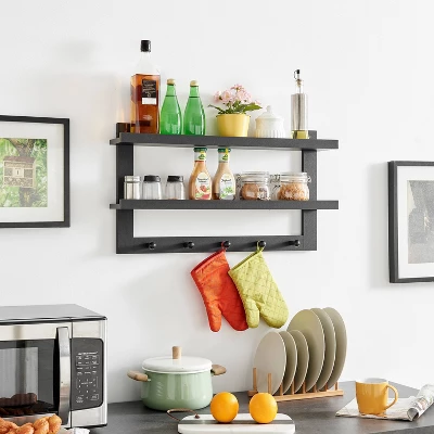 29" X 16" 2 Tier Ledge Wall Shelf Organizer With Five Hanging Hooks Black - Danya B. 7 29" X 16" 2 Tier Ledge Wall Shelf Organizer With Five Hanging Hooks Black - Danya B. - Image 5