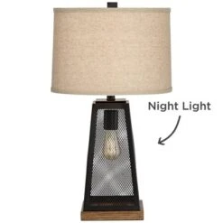 Franklin Iron Works Barris Industrial Table Lamp 26 3/4" High Metal Mesh With Nightlight LED USB Charging Port Burlap Shade For Living Room House Desk -Home Decoration Series GUEST e5fd19d5 332a 495e 8891 e72254c0a1b7